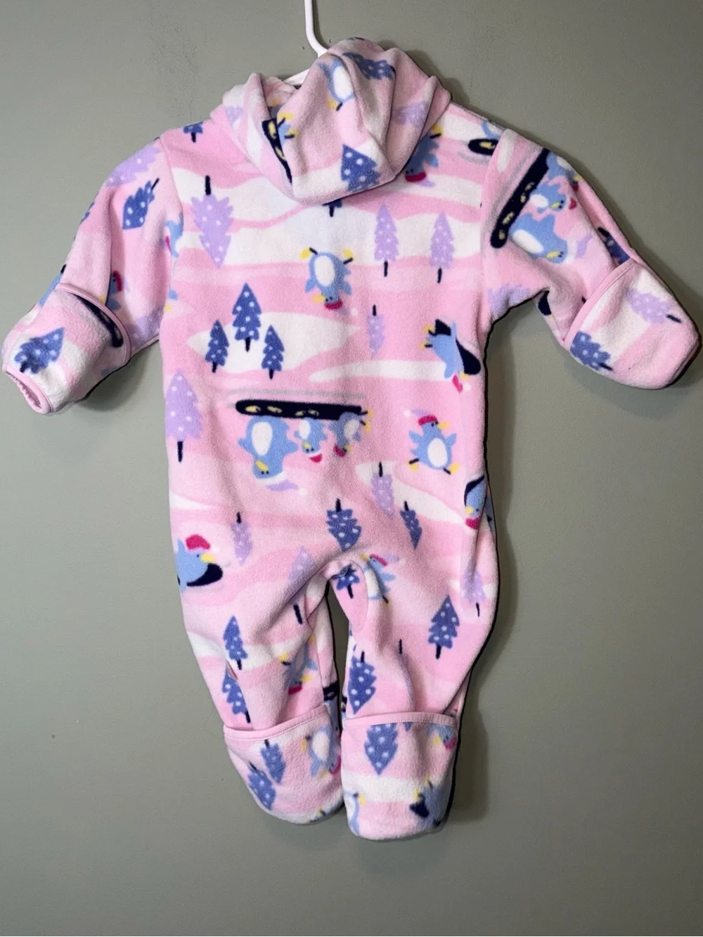 Columbia brand pink fleece hooded bunting penguin tree pattern 12 Months